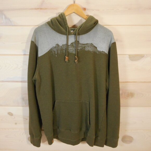 IO Men's size XL Hoodie Organic Cotton Blend Mountain Print Olive Green - Picture 1 of 11